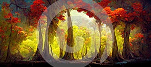 Enchanted magic forest in Autumn with ancient old trees mystical woodland flowers - generative AI