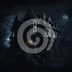 Enchanted Midnight: Creepy Manor Amidst a Dark Knight. Created using Ai