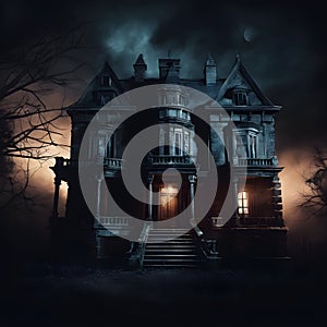 Enchanted Midnight: Creepy Manor Amidst a Dark Knight. Created using Ai