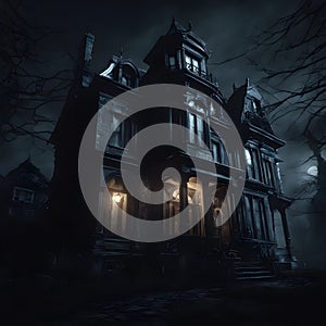Enchanted Midnight: Creepy Manor Amidst a Dark Knight. Created using Ai