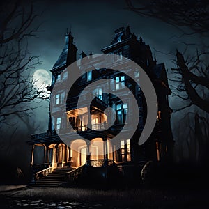 Enchanted Midnight: Creepy Manor Amidst a Dark Knight. Created using Ai