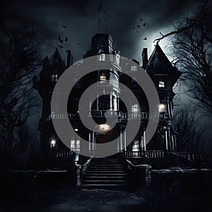 Enchanted Midnight: Creepy Manor Amidst a Dark Knight. Created using Ai