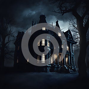 Enchanted Midnight: Creepy Manor Amidst a Dark Knight. Created using Ai