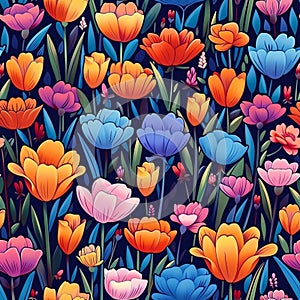 Enchanted Midnight Garden: Lush Tulips in Vibrant Nighttime Color Pattern