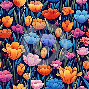 Enchanted Midnight Garden: Lush Tulips in Vibrant Nighttime Color Pattern photo