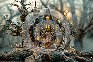 Enchanted Miniature Fairy Tale House in Mystical Forest Setting with Illuminated Windows and Twisted Trees