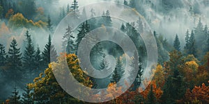 Enchanted Mist Blankets The Lush Trees Of A Vibrant Fall Forest Scene. Generative AI
