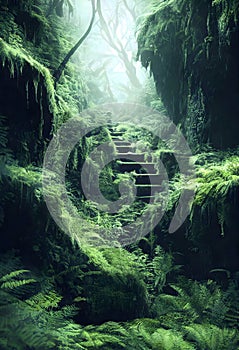 Enchanted Mossy Stairway into a Mystical Forest