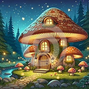 Enchanted Mushroom Cottage in a Twilight Forest Clearing