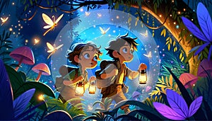 Enchanted Night Adventure: Siblings Quest in a Luminous Garden. AI-generated