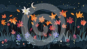 Enchanted Nocturnal Garden: Lilies Under Starry Night Sky photo