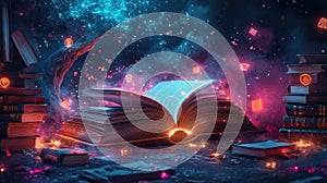 Enchanted open book in mystical forest with glowing lights and floating symbols