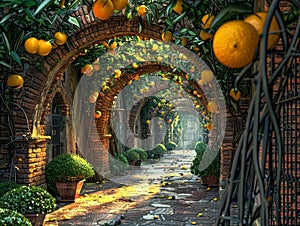 Enchanted Orange Tree Garden Archway Illustration with Lush Foliage, Sunlight, and Fairytale Atmosphere