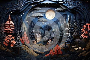 Enchanted Papercut Forest Under Moonlight. Generative AI