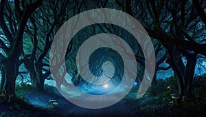 Enchanted pathway illuminated by soft light in a mystical forest at twilight