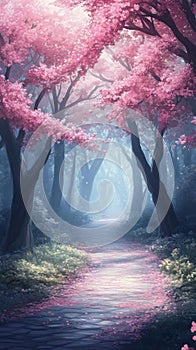 Enchanted Pink Blossom Forest Path: A Dreamy Walk