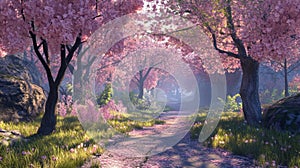Enchanted Pink Cherry Blossom Forest Path