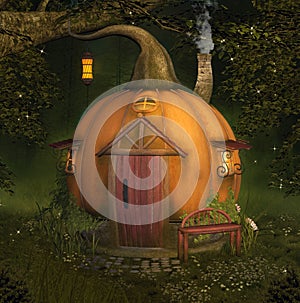 Enchanted pumpkin house in the forest