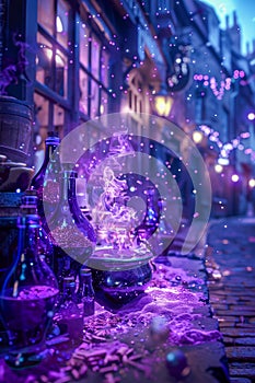 Enchanted Purple Potion Brewing in Mystical Cauldron on Cobbled Street with Magical Bottles at Twilight