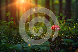 Enchanted scarlet toadstool in green forest floor, captivated under the suns rays