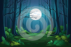 Enchanted scene of full moon in dark forest