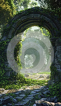 Enchanted stone gate in fantasy world covered in creepers and leading to another dimension photo