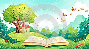 Enchanted storybook in a magical forest, illustration with butterflies