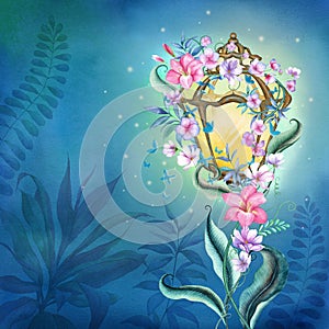 Enchanted street light with flowers ornament butterflies decoration Night Fairy garden watercolor illustration colorful romantic