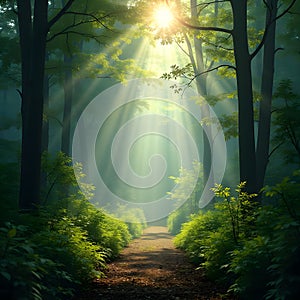 Enchanted Sunlit Forest Glade Serene Capture with Soft Lamp Lighting and Focus Stacking Technique photo