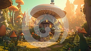 Enchanted Teapot House in a Magical Forest with Sun Rays. Perfect for Fantasy Posters.