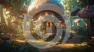 Enchanted Teapot House in a Magical Forest with Sun Rays. Perfect for Invitations and Posters.