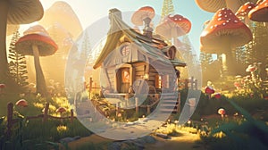 Enchanted Teapot House in a Magical Forest with Sun Rays. Perfect for Invitations and Posters.