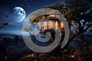 Enchanted treehouse under moonlit sky