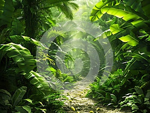 Enchanted Tropical Rainforest with Lush Greenery and Mystical Morning Light