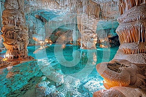 an enchanted underground pool within a cave, featuring natural stone steps leading to crystal clear turquoise waters, all bathed