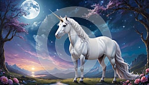 Enchanted Unicorn under Moonlit Sky