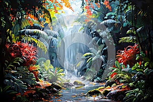 Enchanted Waterfall Oasis in a Vibrant Jungle. Concept Nature Scenery, Waterfalls, Jungle Beauty,