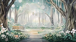 Enchanted whimsical floral garden in watercolor background. Beautiful hand drawn spring summer colorful blooming flowers