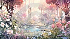 Enchanted whimsical floral garden in watercolor background. Beautiful hand drawn spring summer colorful blooming flowers