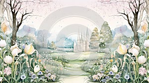 Enchanted whimsical floral garden in watercolor background. Beautiful hand drawn spring summer colorful blooming flowers