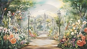 Enchanted whimsical floral garden in watercolor background. Beautiful hand drawn spring summer colorful blooming flowers
