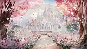 Enchanted whimsical floral garden in watercolor background. Beautiful hand drawn spring summer colorful blooming flowers