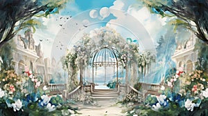 Enchanted whimsical floral garden in watercolor background. Beautiful hand drawn spring summer colorful blooming flowers