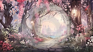 Enchanted whimsical floral garden in watercolor background. Beautiful hand drawn spring summer colorful blooming flowers