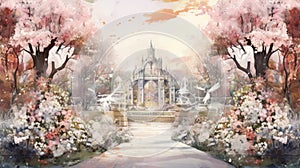 Enchanted whimsical floral garden in watercolor background. Beautiful hand drawn spring summer colorful blooming flowers