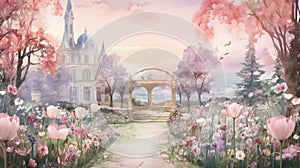 Enchanted whimsical floral garden in watercolor background. Beautiful hand drawn spring summer colorful blooming flowers