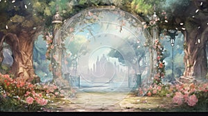 Enchanted whimsical floral garden in watercolor background. Beautiful hand drawn spring summer colorful blooming flowers