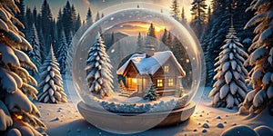 Enchanted winter cabin in a sparkling glass globe. Generative AI