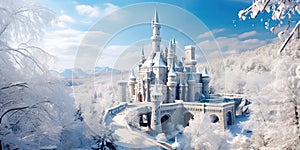 Enchanted Wonderland Fairytale Castle Amidst a Snowy Winter Landscape - Generative AI