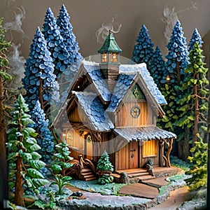 Enchanted wooden hideaway with smoking chimney in the heart of the forest.
